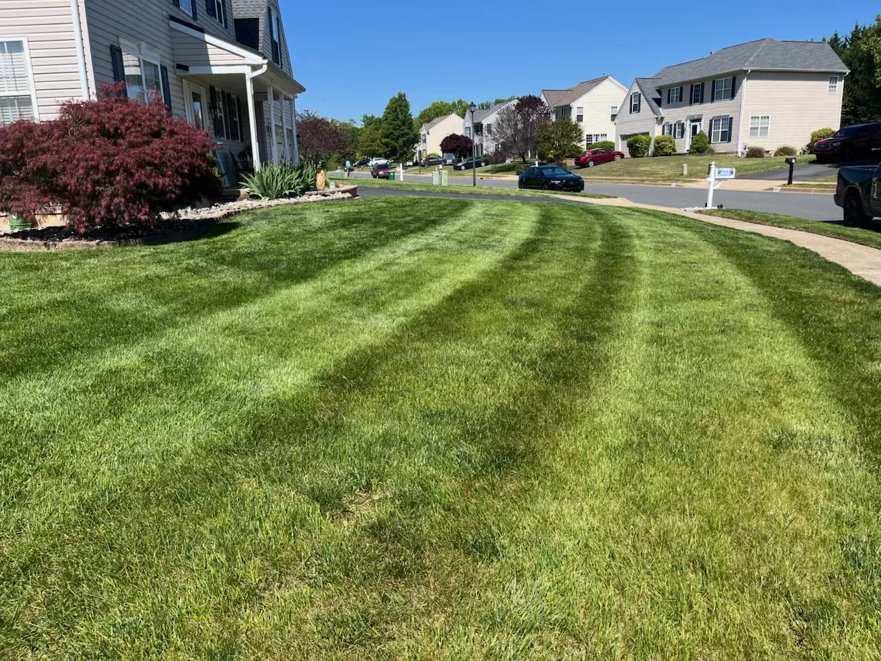 A sweeping, freshly striped lawn mowed by Delaware Lawn Crew in New Castle County